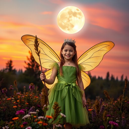 A vivid photo  taken under a bright camera flash of a fantastical scene set against a backdrop of a forest during sunset. The main subject is a girl dressed as a fairy, adorned with translucent wings and a green dress, holding a wand, her face is happy, and she wears a crown on her head. The forest behind her is a blend of flowers, shrubs and trees. The sky is painted in hues of orange and pink, with a large, glowing moon casting a warm glow over the scene. The overall color palette is dominated by earthy tones.