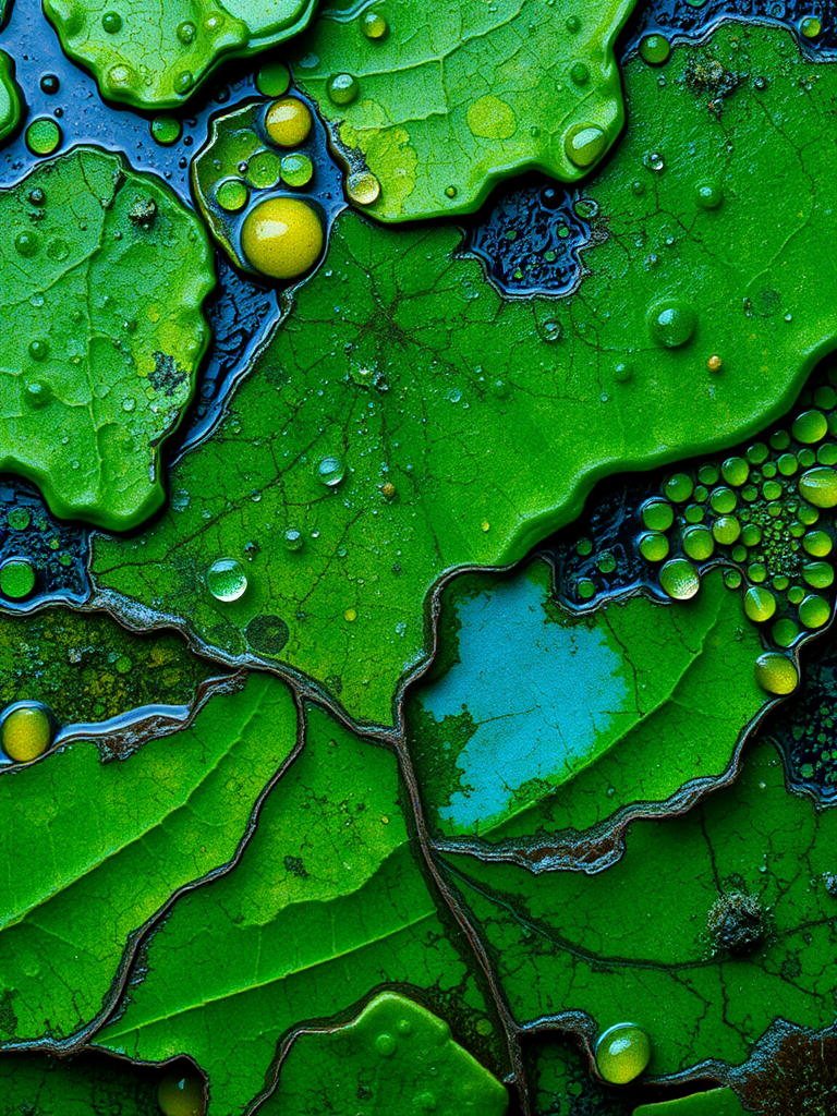 Create a vibrant abstract texture with shades of green and hints of blue, featuring a blend of organic patterns, captured with a Canon EOS R5 at f/8, ISO 100, 1/125 sec, top-down view, macro lens, high-resolution image quality.