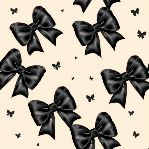 Create a seamless pattern featuring elegant black bows on a soft beige background. The bows should vary in size and orientation, showcasing intricate details and a glossy texture, with a sophisticated and stylish aesthetic.
