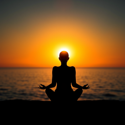 A serene silhouette of a person meditating at sunset over a calm ocean, with a glowing sun directly behind their head creating a radiant halo effect, captured in soft focus; settings: aperture f/2.8, shutter speed 1/500s, ISO 100; camera view: wide angle, camera style: dreamy and ethereal, camera type: DSLR.