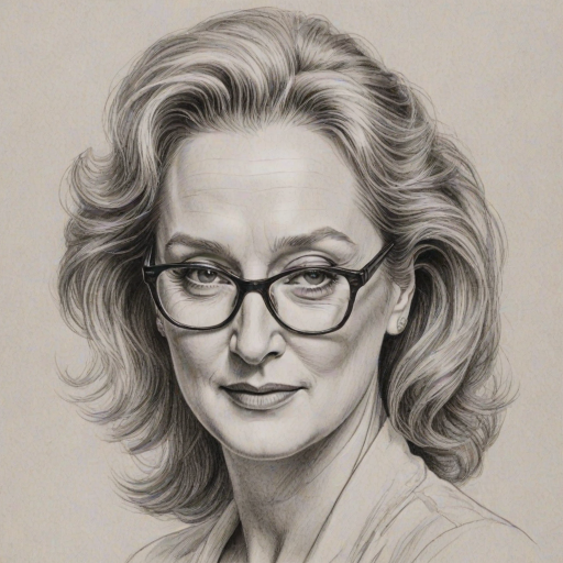 Bewitching Meryl Streep, pencil sketch, portrait of Graceful woman 1936s in glasses, hair style beatnik, outline, clear lines, fine lines, 8k