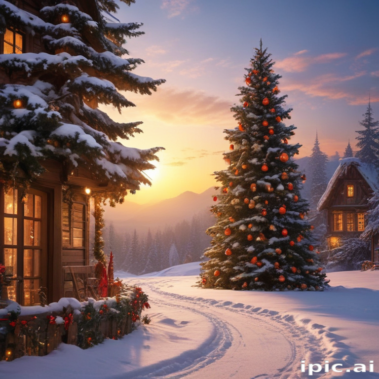 Charming Winter Scene Featuring a Snow-Covered Cabin and Festive ...