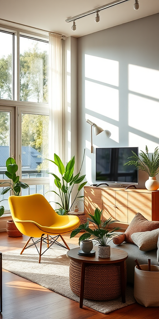 interior of a modern living room with a yellow chair, plants, and a television on a wooden stand, natural light streaming through large windows, cozy atmosphere, camera settings: ISO 100, f/2.8, shutter speed 1/60s, view: wide angle, style: realistic, camera type: DSLR