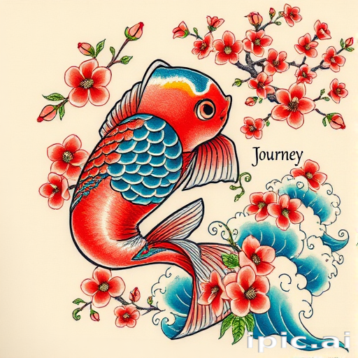 Japanese-inspired irezumi tattoo named "Koi's Journey" featuring a large colorful koi fish swimming among cherry blossoms and waves rendered in vibrant reds blues and greens with black outlines