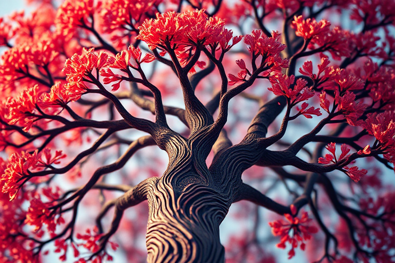 Create a high-resolution illustration of a stylized tree with intricate patterns, captured with a Canon EOS R5 at f/8, ISO 100, 1/250s, in a vibrant color palette, using a macro lens for detailed close-up view.