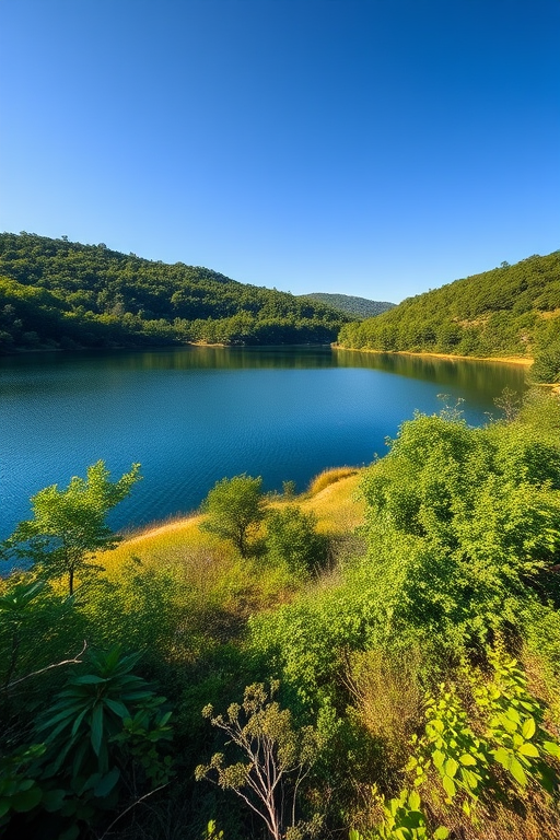 Create a high-resolution image of a serene landscape featuring a calm lake surrounded by lush greenery under a bright blue sky, captured with a Canon EOS R5, 24mm lens, aperture f/8, ISO 100, shutter speed 1/200 sec, in a wide angle view for depth and detail.