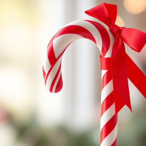 Create a high-resolution image of a candy cane with red and white stripes, tied with a red bow, soft focus background, in natural light, using a DSLR camera with an aperture of f/2.8, shutter speed of 1/250s, and ISO 100.