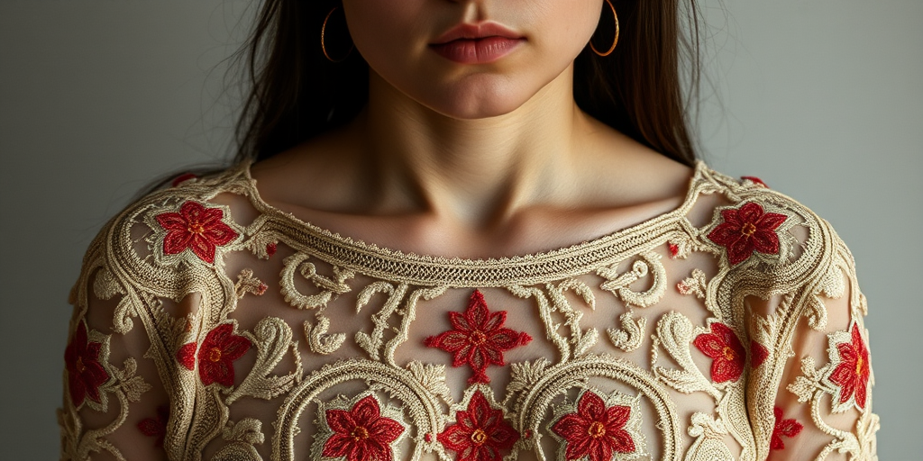 Face, shoulders, chest covered in openwork Sephardic embroidery. Raw, unedited image.