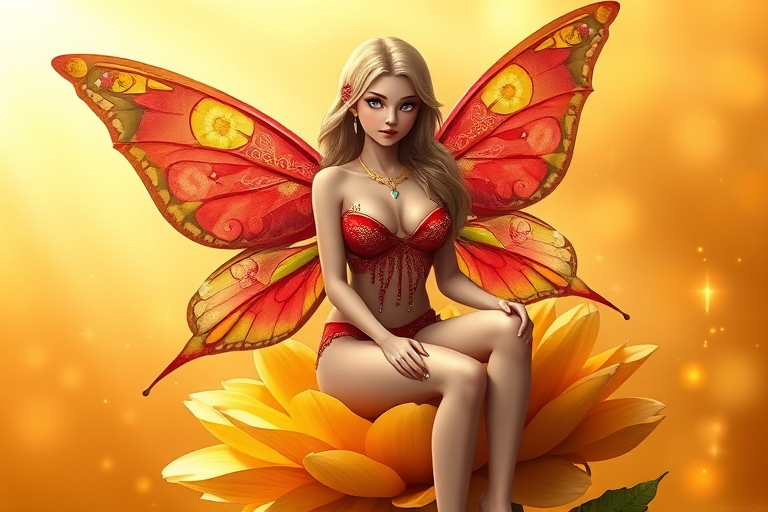A digital artwork features a winged fairy with delicate Burgundy butterfly wings, adorned with intricate Kiwi andAvocado patterns. She is seated on a vibrant Tan flower, wearing a revealing red two-piece outfit with sparkling beadwork. Her fair skin, long blonde hair, and gold jewelry add to her ethereal appearance. The background is a warm, golden gradient, creating a magical atmosphere. Small glowing orbs and sparkles surround the flower, enhancing the enchanting, highly detailed, and realistic scene.