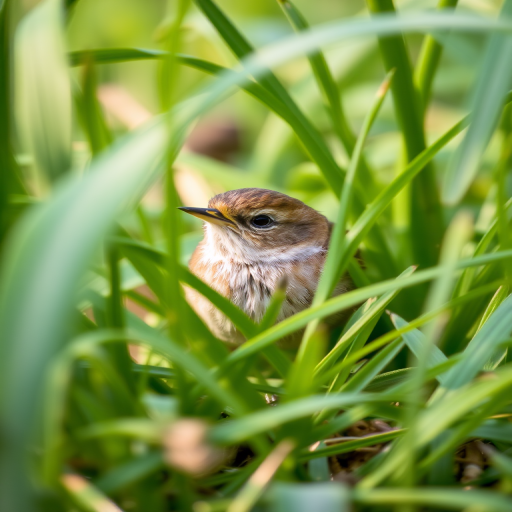 A small brown bird partially hidden in green grass and leaves, captured with a DSLR camera, 200mm lens, f/4 aperture, ISO 400, 1/250 sec shutter speed, shallow depth of field, natural lighting.