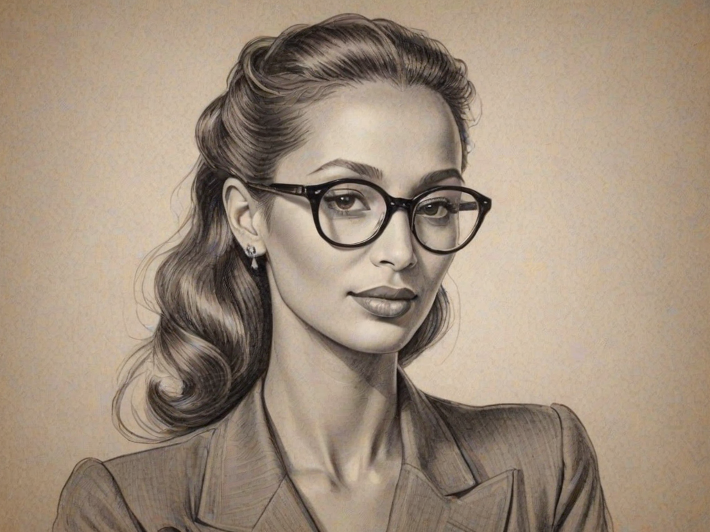 Graceful Iman, pencil sketch, portrait of Gorgeous woman 1942s in glasses, hair style beatnik, outline, clear lines, fine lines, 8k