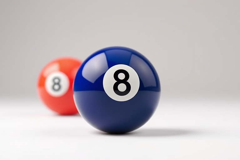 Generate a high-resolution image of a glossy eight ball on a plain white background, captured with a Canon EOS R5 at f/2.8, 1/200s, ISO 100, in macro mode to emphasize the smooth surface and reflections.