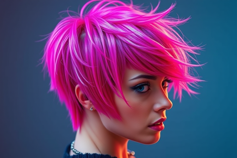 Vibrant magenta pixie cut named Neon Blaze featuring shimmering holographic highlights and edgy asymmetrical layers creating a futuristic and rebellious look perfect for avant-garde fashion enthusiasts