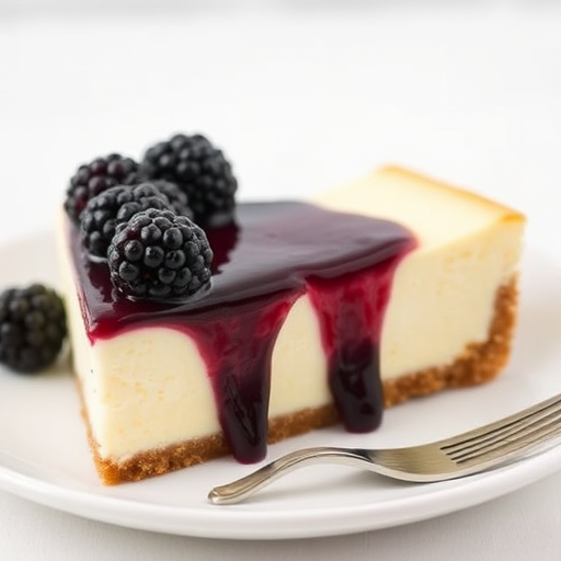 A slice of cheesecake with a creamy white filling and a graham cracker crust topped with a shiny blackberry glaze and fresh blackberries arranged on top served on a white plate with a fork beside it against a light background.