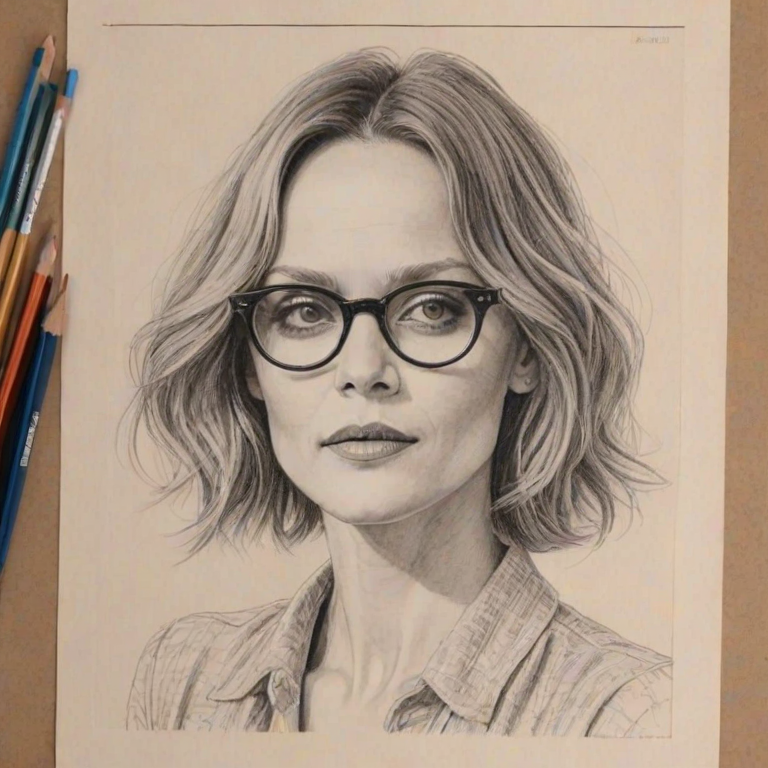 Magnificent Vanessa Paradis, pencil sketch, portrait of Elegant woman 1931s in glasses, hair style beatnik, outline, clear lines, fine lines, 8k