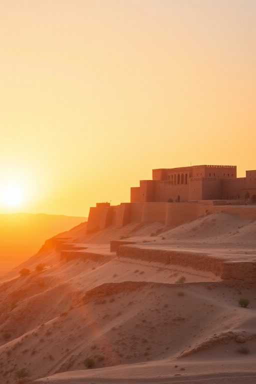 capture a panoramic view of a desert fortress at sunrise with warm golden lighting, use a DSLR camera with a 24mm lens, aperture f/8, ISO 100, shutter speed 1/200s, HDR style for enhanced detail and vibrant colors