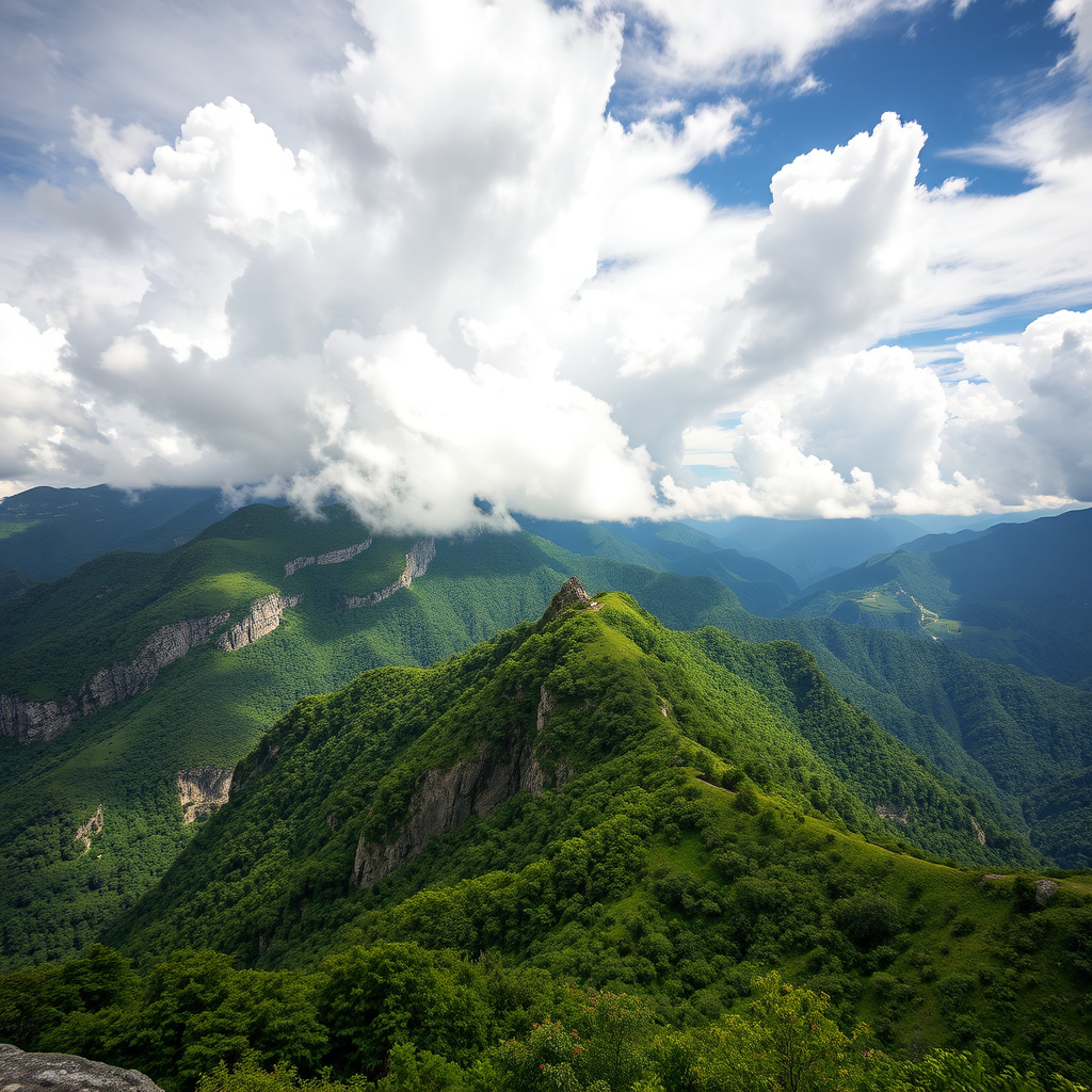 Capture a breathtaking mountain landscape with lush greenery and dramatic cloud formations, using a Canon EOS R5 camera, 24mm lens, f/8 aperture, ISO 100, 1/200 sec shutter speed, with a wide-angle view and HDR style for enhanced details and dynamic range.