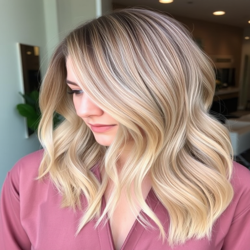 Sophisticated shoulder-length lob in ash blonde, styled with soft waves and babylights, creating a perfect balance of dimension and movement