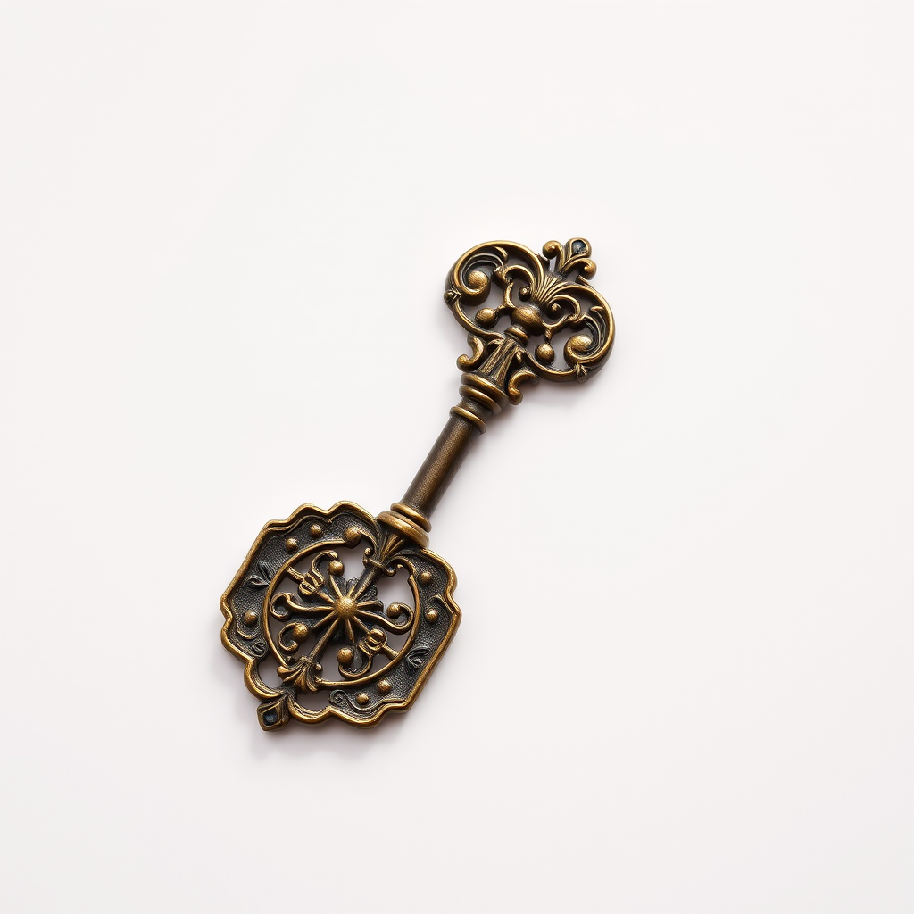 Create an image of an ornate vintage key with intricate designs, shot with a Canon EOS 5D Mark IV at f/2.8, ISO 100, 50mm lens, in a flat lay style with soft natural lighting to enhance the details of the key and create a clean, elegant background.