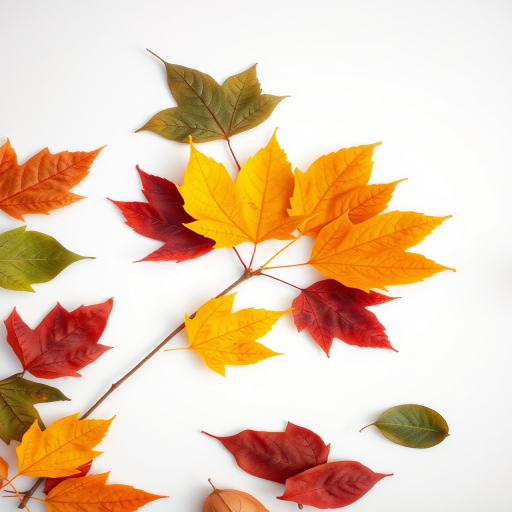 Capture a high-resolution image of assorted autumn leaves arranged artistically on a soft white background, using a DSLR camera with a 50mm lens, f/2.8 aperture, ISO 100, and a shallow depth of field to enhance detail and texture.