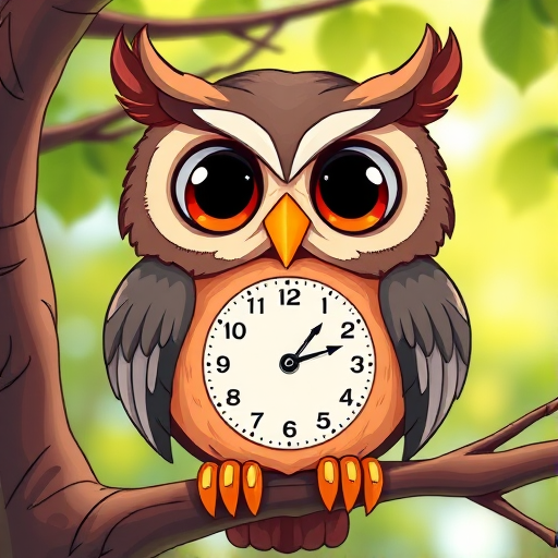 Create a vibrant cartoon-style illustration of a wise-looking owl with large expressive eyes perched on a branch, featuring a round clock face on its belly, using a DSLR camera with a 50mm lens at f/1.8, shot from eye level in natural light for enhanced color saturation and clarity.
