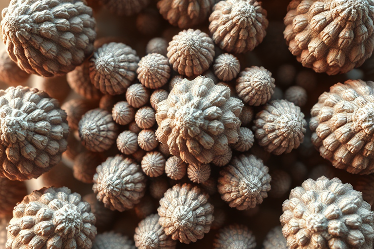 Create a high-resolution 3D fractal image of intricate spherical structures with detailed textures, using a Canon EOS 5D Mark IV, 50mm lens, f/8 aperture, ISO 100, 1/125 shutter speed, and a soft focus background to enhance depth.
