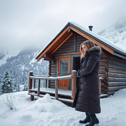 Snowy landscape of an isolated mountain cabin, a woman steps out onto the porch wrapped in a heavy coat, her breath visible in the cold morning air.