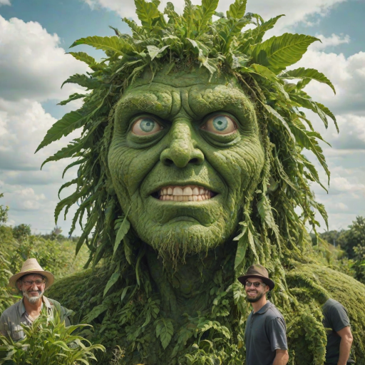 professional high-resolution photograph of 1giant green Cyclops with 2 eyes person made of plants,1woman, smile, 1man, hat, outdoors, multiple men, sky, day, 2men, grin, colored skin, traditional media, parody, ground vehicle, motor vehicle, car, green skin, truck, humongous giant green man standing in background, humongous green plant Cyclops person with 2 eyes