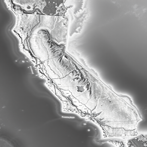 Generate a high-resolution grayscale map of California, capture at 50mm focal length, aperture at f/8, ISO 100, top-down view, using a full-frame DSLR camera.
