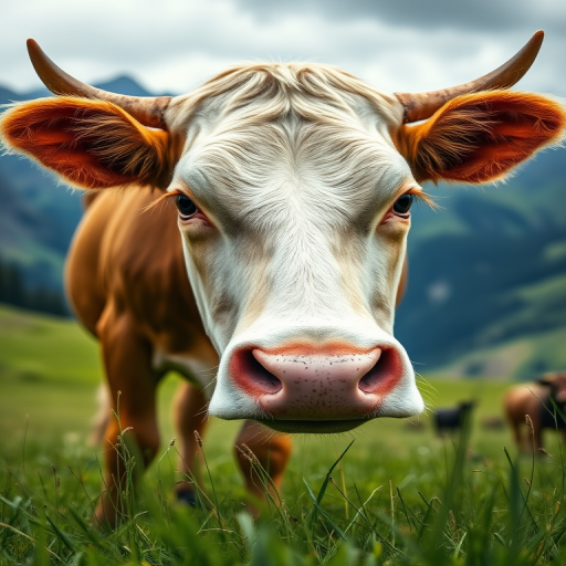 Close-up of a cow grazing in a lush green meadow with mountains in the background, shot with a Canon EOS 5D Mark IV, 24mm lens, aperture f/5.6, ISO 100, with a shallow depth of field for a blurred background, natural lighting.