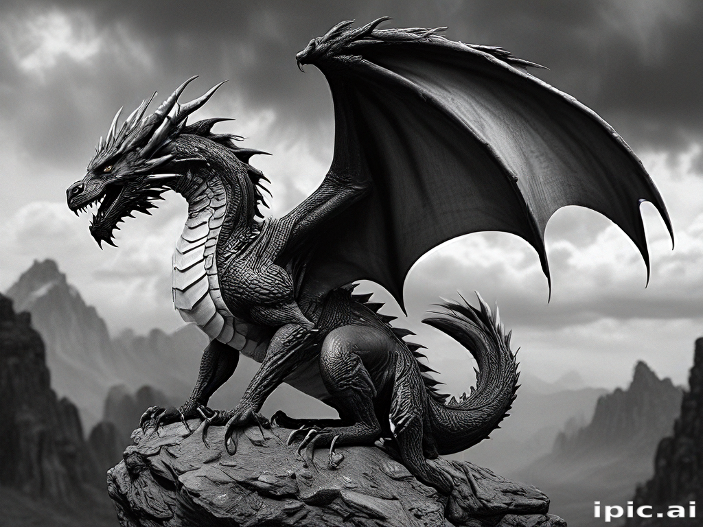 Majestic Black Dragon Perched on Rocky Outcrop Against Dramatic Landscape.