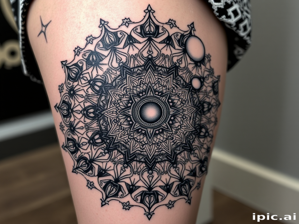 Surrealist blackwork tattoo called "Dreamweaver's Vision" featuring intricate mandala patterns morphing into cosmic imagery with stars and planets, creating a mesmerizing optical illusion on the thigh