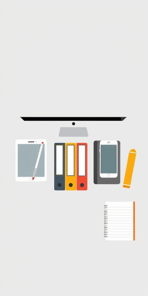 Create a minimalist graphic illustration of digital devices and office supplies including a tablet with a stylus, a smartphone, a computer monitor, three binders, two folders, and a notebook, use a soft gray background, capture with a DSLR camera at f/2.8, ISO 100, 24mm focal length, and soft lighting for clarity and detail.