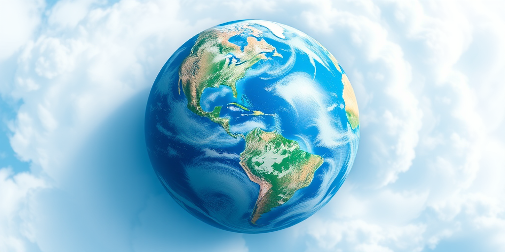 Create a high-resolution digital illustration of a stylized planet resembling Earth with vivid blue oceans and swirling white clouds, captured with a DSLR camera at 50mm focal length, f/8 aperture, ISO 100, in a wide-angle view to enhance depth, with a soft focus effect for a dreamy atmosphere.