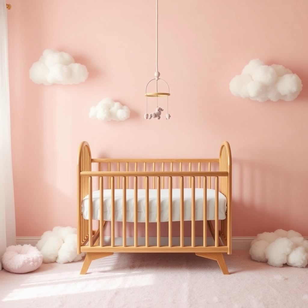 a soft nursery scene featuring a wooden baby crib with a mobile hanging above, surrounded by fluffy clouds on a pastel pink background, captured with a Canon EOS R5, 50mm lens, f/1.8, ISO 100, natural light for enhanced softness and clarity