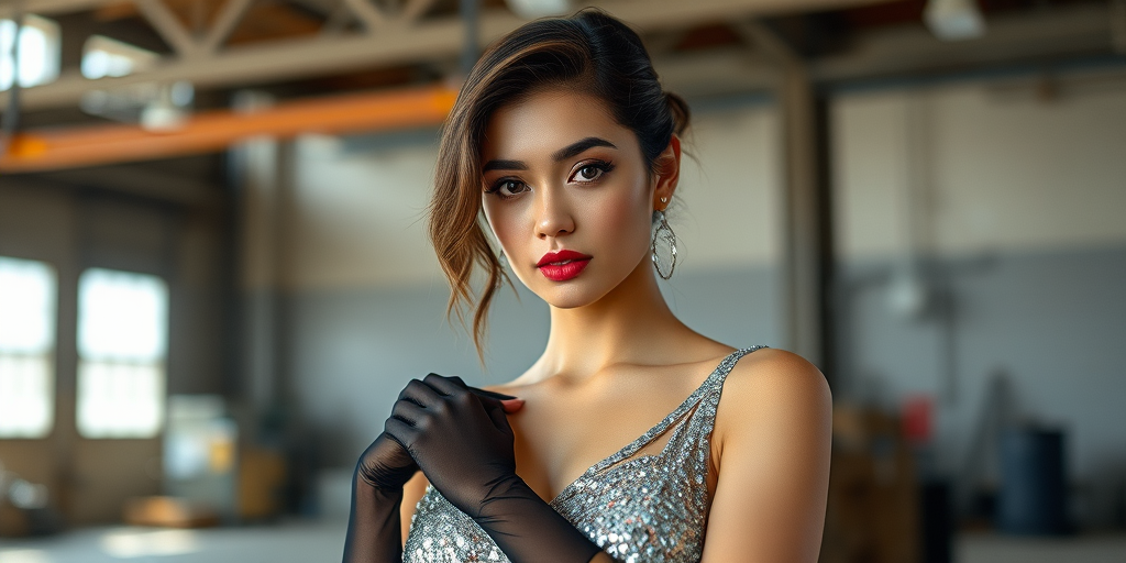 Regenerate an image of a glamorous model wearing a sparkling silver top and sheer black gloves in an industrial setting, using a DSLR camera with a 50mm lens, f/1.8 aperture, ISO 200, natural lighting, and a shallow depth of field to enhance image quality and focus on the subject's face.
