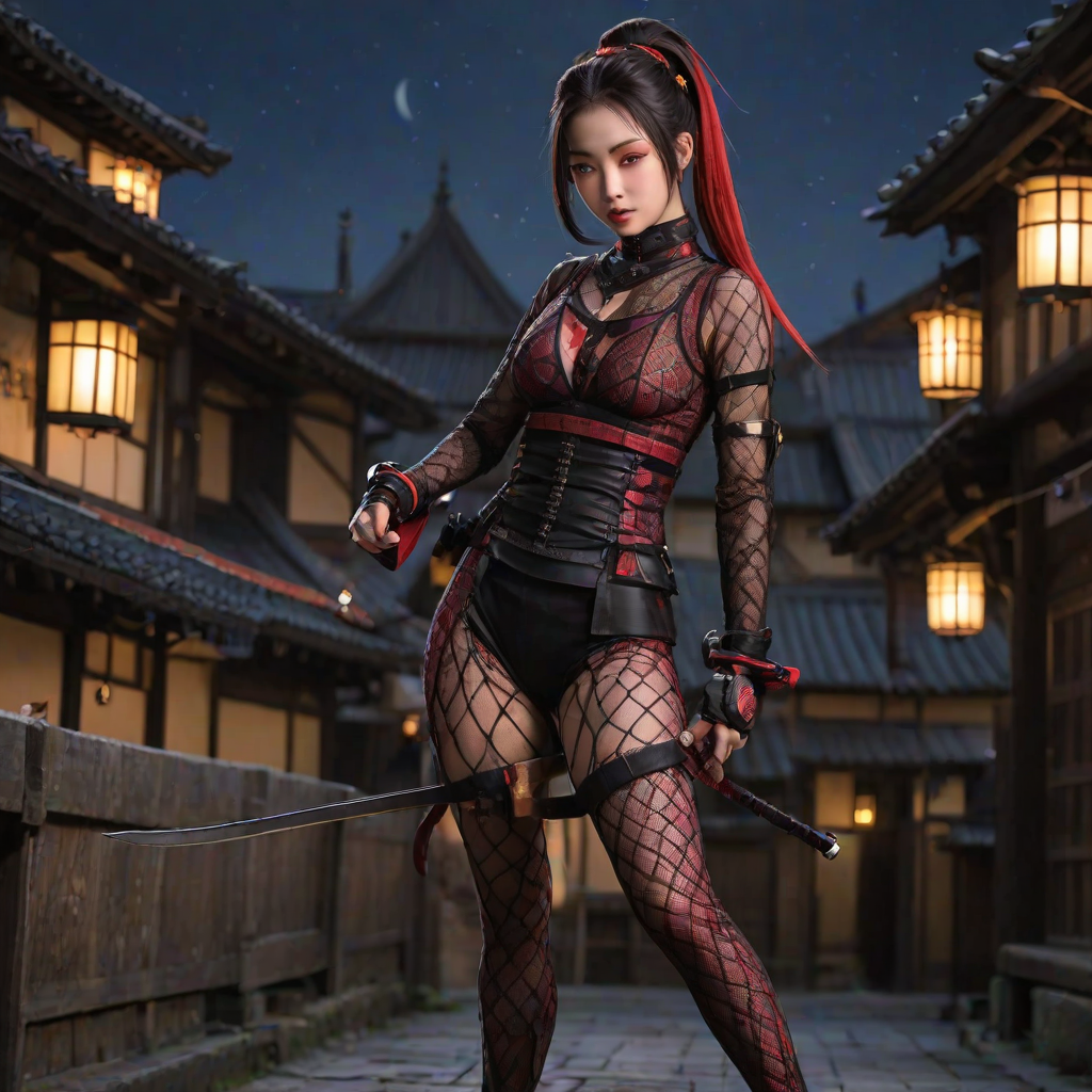 (((Cowboy shot)), (nodachi in 1hand), (((anime))), sehele style, <lora:Seunghee_Lee_Style_SDXL:0.7>, (porcelain skin:1.5), (((1woman))), (ponytail black hair:1.2), (the most beautiful red eyes:1.2), (tomboy:1.2), (((((medieval fantasy kunoichi in fullbody fishnet suit))))), purple scarf, (((ready to fight pose))), female shinobi, ninja, (((dynamic pose))), (((dynamic angle))), moonlit, 8k, 16K, trending on pixiv, fanbox, skeb, masterpiece, detailed face, smooth soft skin, beautiful intricate colored hair, digital painting, (((at night))), (((Japanese rooftops background)))