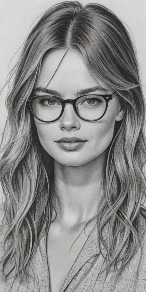 Magnificent Behati Prinsloo, pencil sketch, portrait of Pleasing woman 1957s in glasses, hair style beatnik, outline, clear lines, fine lines, 8k