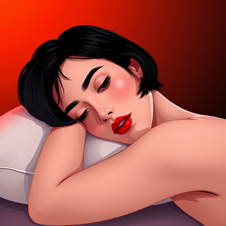 Create a high-resolution digital illustration of a woman with short black hair and vibrant red lips, resting her head on a white pillow, set against a gradient background transitioning from deep orange to black, using a Canon EOS R6 with a 50mm lens, aperture set at f/1.8, and soft focus to enhance depth and detail.