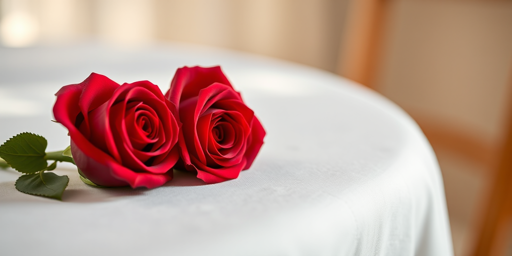 a close-up shot of two red roses lying on a white tablecloth, soft natural lighting, aperture f/2.8, ISO 100, 50mm lens, DSLR camera, shallow depth of field with a blurred background