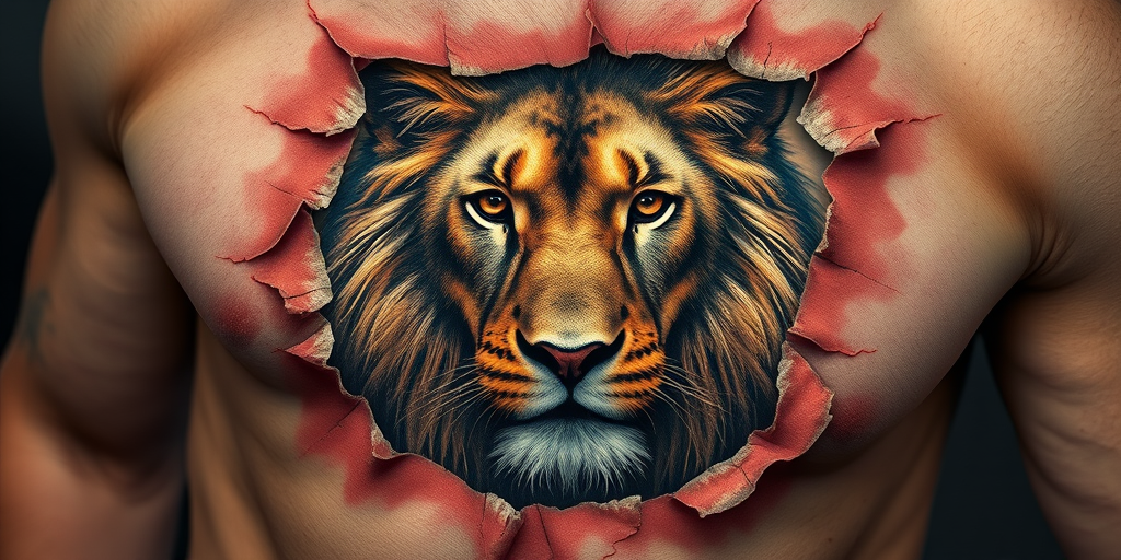 Realistic 3D tattoo called "Living Canvas" featuring a hyper-realistic portrait of a majestic lion emerging from a torn piece of skin, creating the illusion of depth and dimensionality, with intricate details such as individual fur strands and lifelike eyes that seem to follow the observer, ideal for those seeking a bold and awe-inspiring piece of body art.