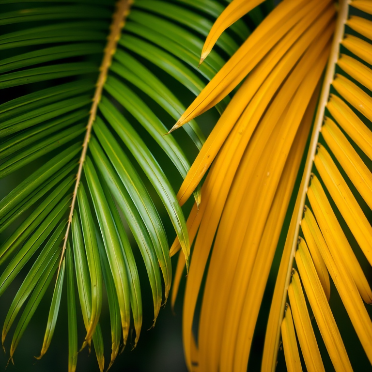 Create a detailed, high-resolution image of two distinct palm leaves, one vibrant green and the other a muted golden yellow, with a soft-focus background to enhance depth, captured with a DSLR camera at f/2.8 aperture, ISO 100, and a 50mm lens, using a macro photography style for intricate details.