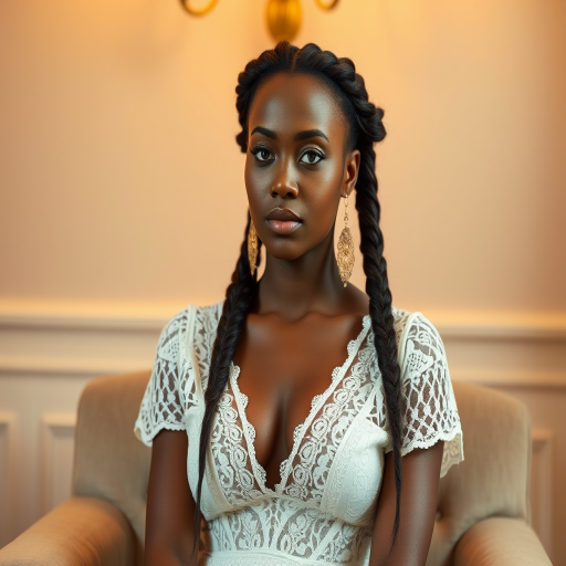 Create a portrait of a refined and elegant Zambo woman seated in a sophisticated setting. She has long, wavy hair styled in two thick braids that are pulled over her shoulders. She wears a white, lace gown with intricate patterns, featuring a deep V-neckline and short sleeves. The dress exudes a vintage charm with its delicate lacework. She is adorned with ornate, dangling earrings that add a touch of glamour to her appearance. The background is softly lit, with warm, ambient lighting that creates a cozy and inviting atmosphere. Her expression is poised and serene, capturing a sense of grace and elegance.