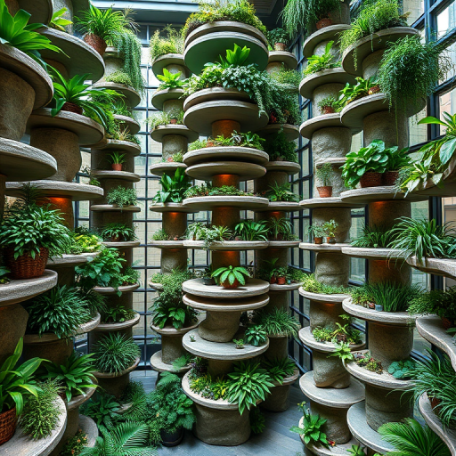 generate a hyper-realistic image of an intricate indoor vertical garden installation made of stacked circular stone platforms with lush greenery and ambient lighting captured with a Canon EOS R5 using an 18mm lens at f/4, ISO 200, with soft natural light and a wide-angle perspective to emphasize depth and detail in the composition.