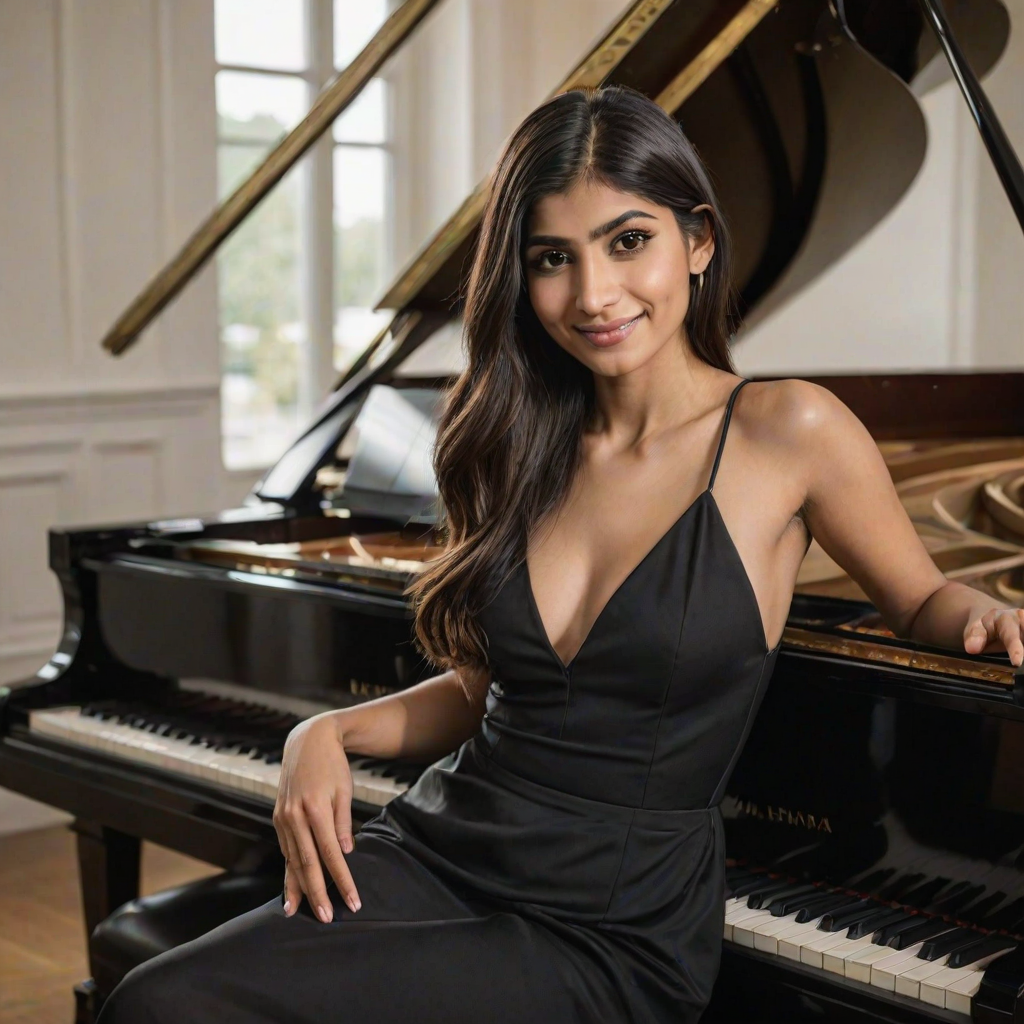 A mia khalifa with long, dark hair smiles at the viewer as she sits at a grand piano, her right hand poised over the keys. The scene is lit by warm, natural light, highlighting the elegant simplicity of the woman's black dress. The perspective is from the side, emphasizing the contrast between the woman's delicate form and the grand scale of the piano. The ivory keys and dark wood of the piano create a striking visual contrast, further emphasized by the rich black of her dress.