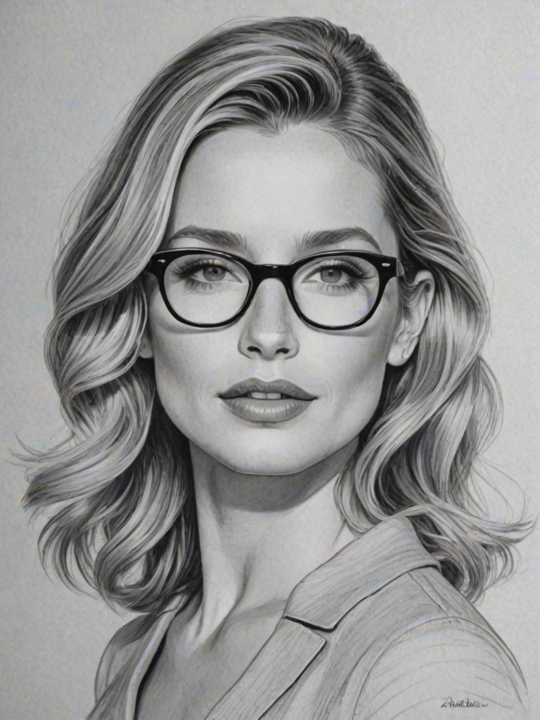 Charming Annabelle Wallis, pencil sketch, portrait of Stunning woman 1948s in glasses, hair style beatnik, outline, clear lines, fine lines, 8k