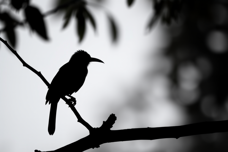 Create a high-resolution minimalist black silhouette of an exotic bird perched on a branch, captured with a Canon EOS 5D Mark IV, 85mm lens, f/1.8 aperture, ISO 100, in natural light, with a soft focus background to enhance detail and depth.
