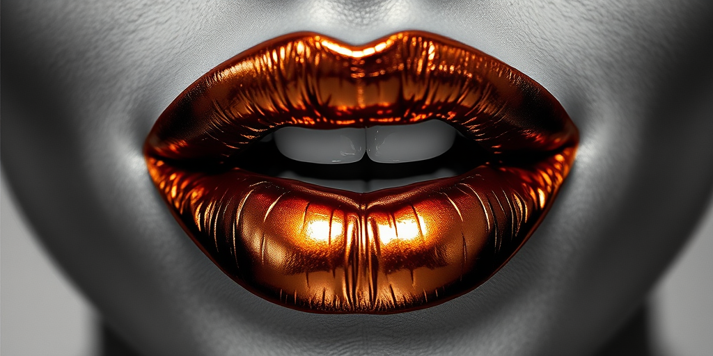 Fierce metallic bronze lips with a liquid metal finish, reflecting light dramatically and creating a bold statement, photographed in high-contrast black and white