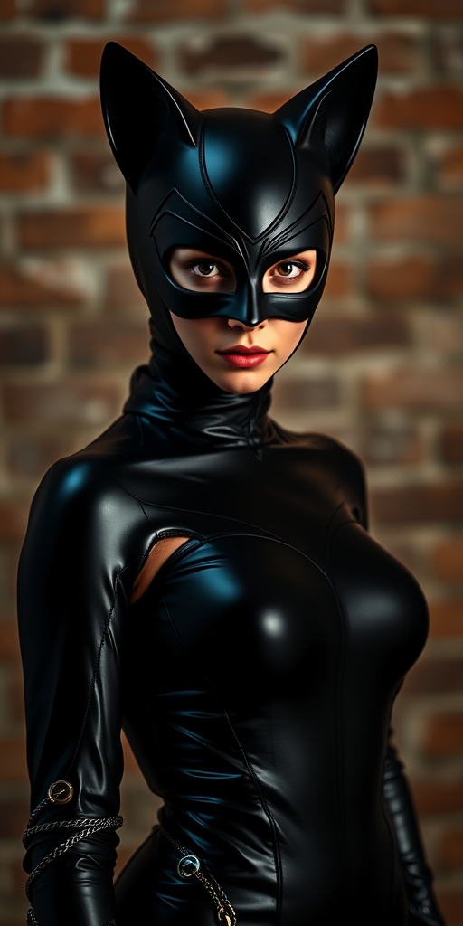 Capture a high-resolution portrait of a female character in a sleek black cat costume with a mask, using a DSLR camera at f/1.8 aperture, ISO 100, and a shutter speed of 1/200s, in a dramatic, low-key lighting setup with a shallow depth of field, shot from a slightly low angle to enhance the character's presence and confidence against a vintage brick background.