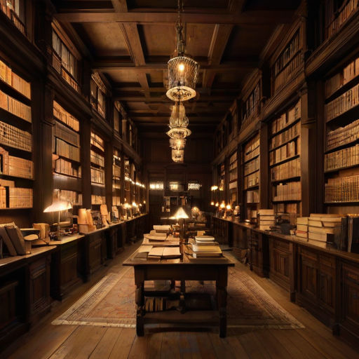 Sharp, high-resolution image of an old library, towering shelves filled with dusty books, wooden ladders propped against the shelves, soft amber lighting from chandeliers overhead, a large wooden table in the center with ancient manuscripts and open books, the smell of aged paper filling the air.